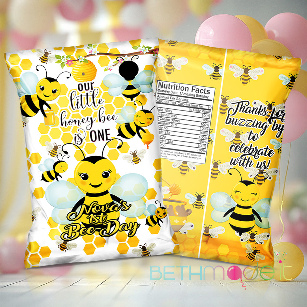 Bee Chip Bag - 1st Birthday - Sweet As Can Bee - Baby Shower - Bumble Bee Party Favor (Filled & Assembled)