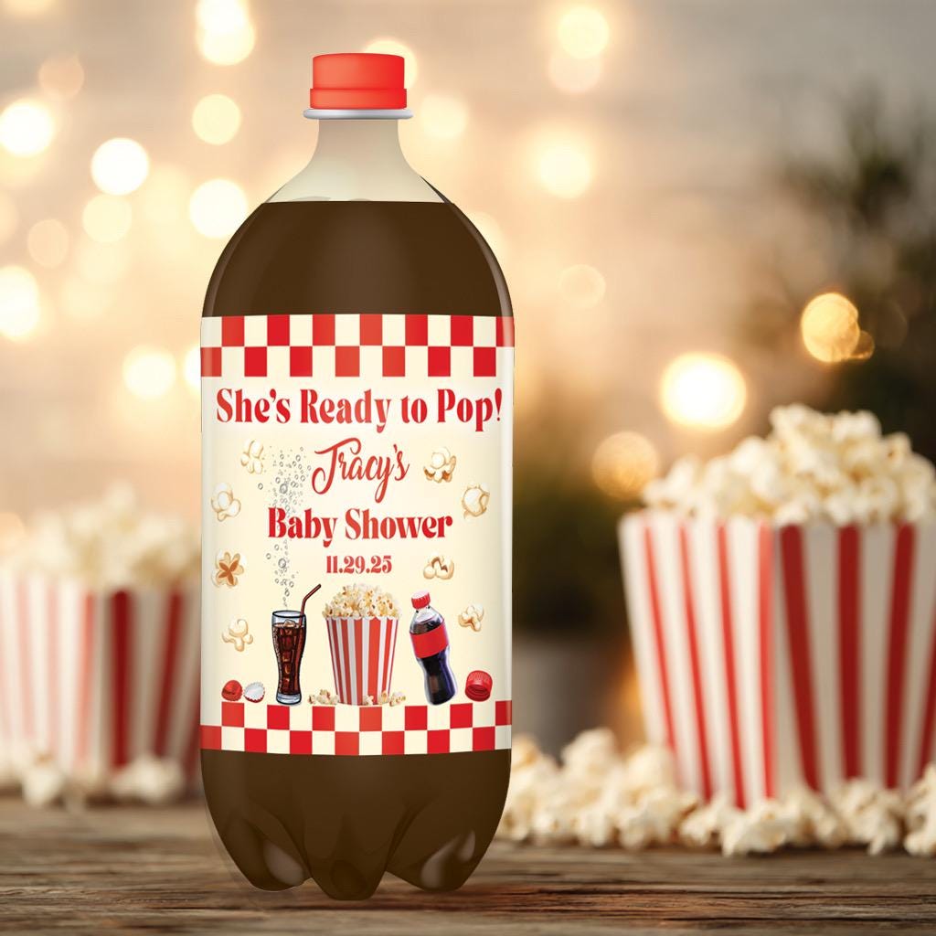 She's Ready to Pop Baby - Movie Theme - Retro Baby Shower - Popcorn Theme - Soda Bottle