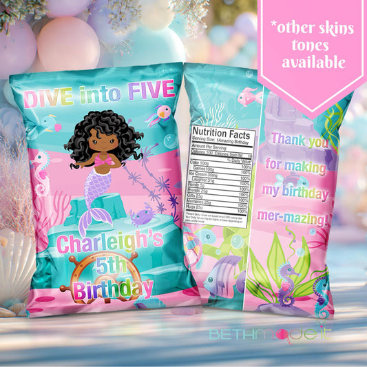 Mermaid Chip Bag - Dive into Five - Under the Sea - Mermaid Favors - Pool Party Favors (Filled & Assembled)