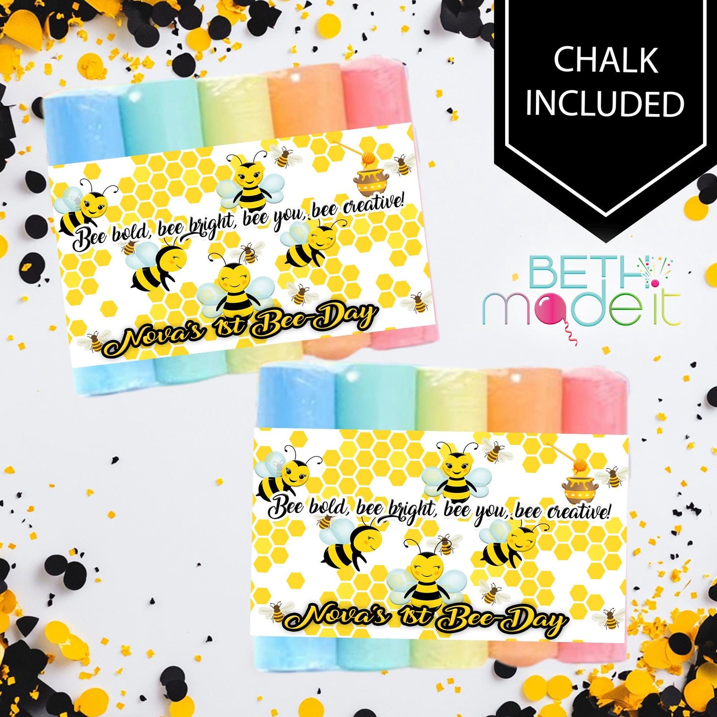 Bee Birthday Party Chalk Favor with Tag: 1st Bee Day