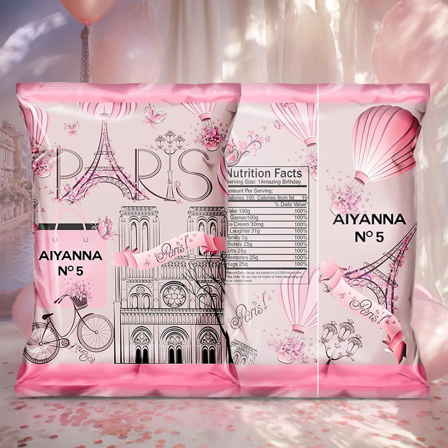 Paris Birthday Chip Bags – Personalized Party Favors with Snacks